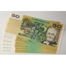 AUSTRALIA 1985 . FIFTY 50 DOLLARS BANKNOTES . CONSECUTIVE FIVE . JOHNSTON / FRASER